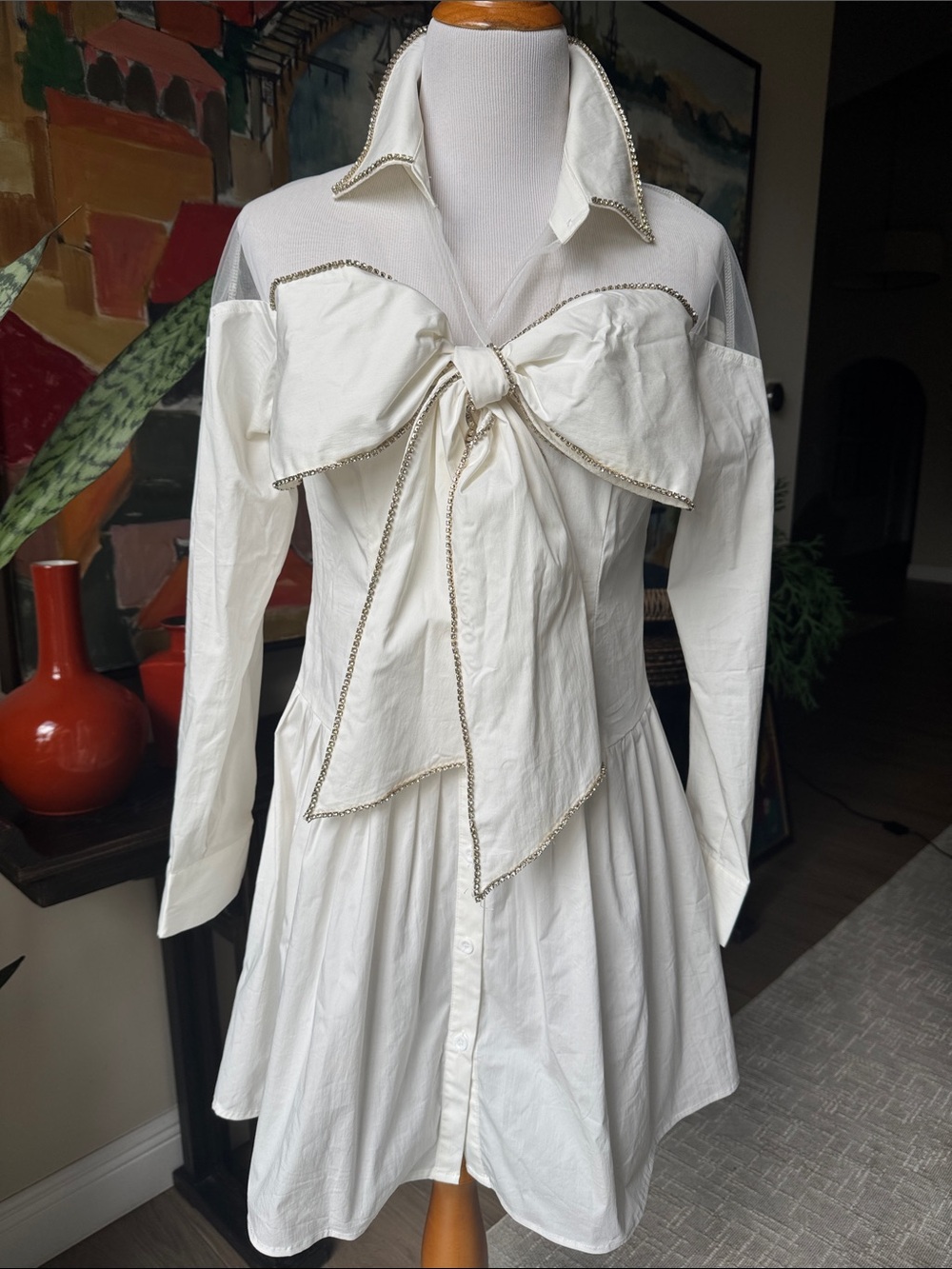 AKIRA White Long-Sleeve Bow-Front Shirt Dress
